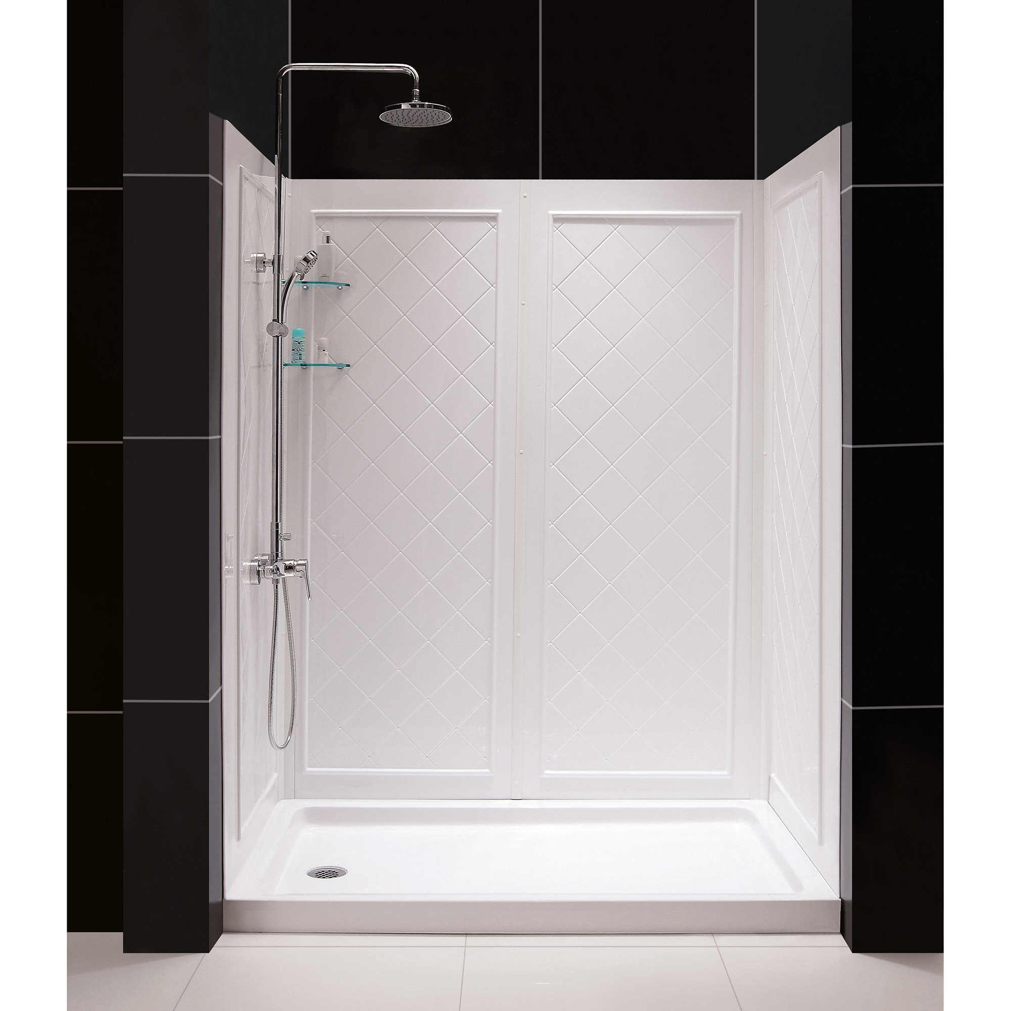 DreamLine 34 in. D x 60 in. W x 76 3/4 in. H Left Drain Acrylic Shower Base and QWALL-5 Backwall Kit In White - image 1 of 11