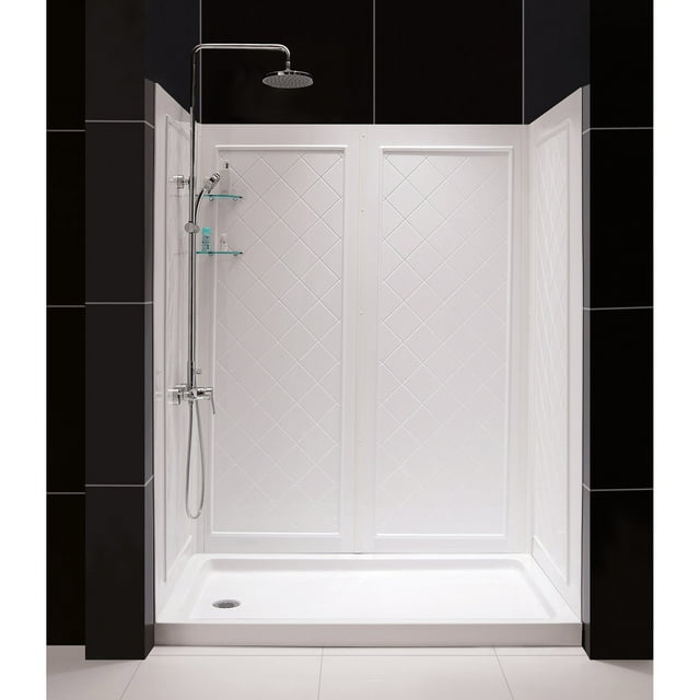 DreamLine 34 in. D x 60 in. W x 76 3/4 in. H Left Drain Acrylic Shower Base and QWALL-5 Backwall Kit In White