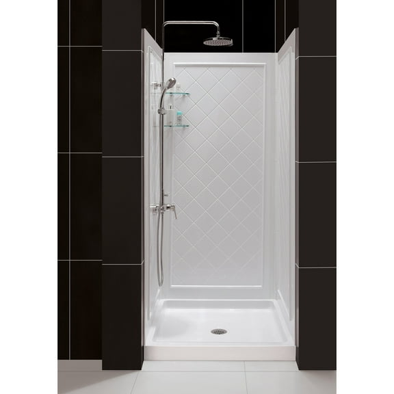 DreamLine 36 in. D x 36 in. W x 76 3/4 in. H Center Drain Acrylic Shower Base and QWALL-5 Backwall Kit In White