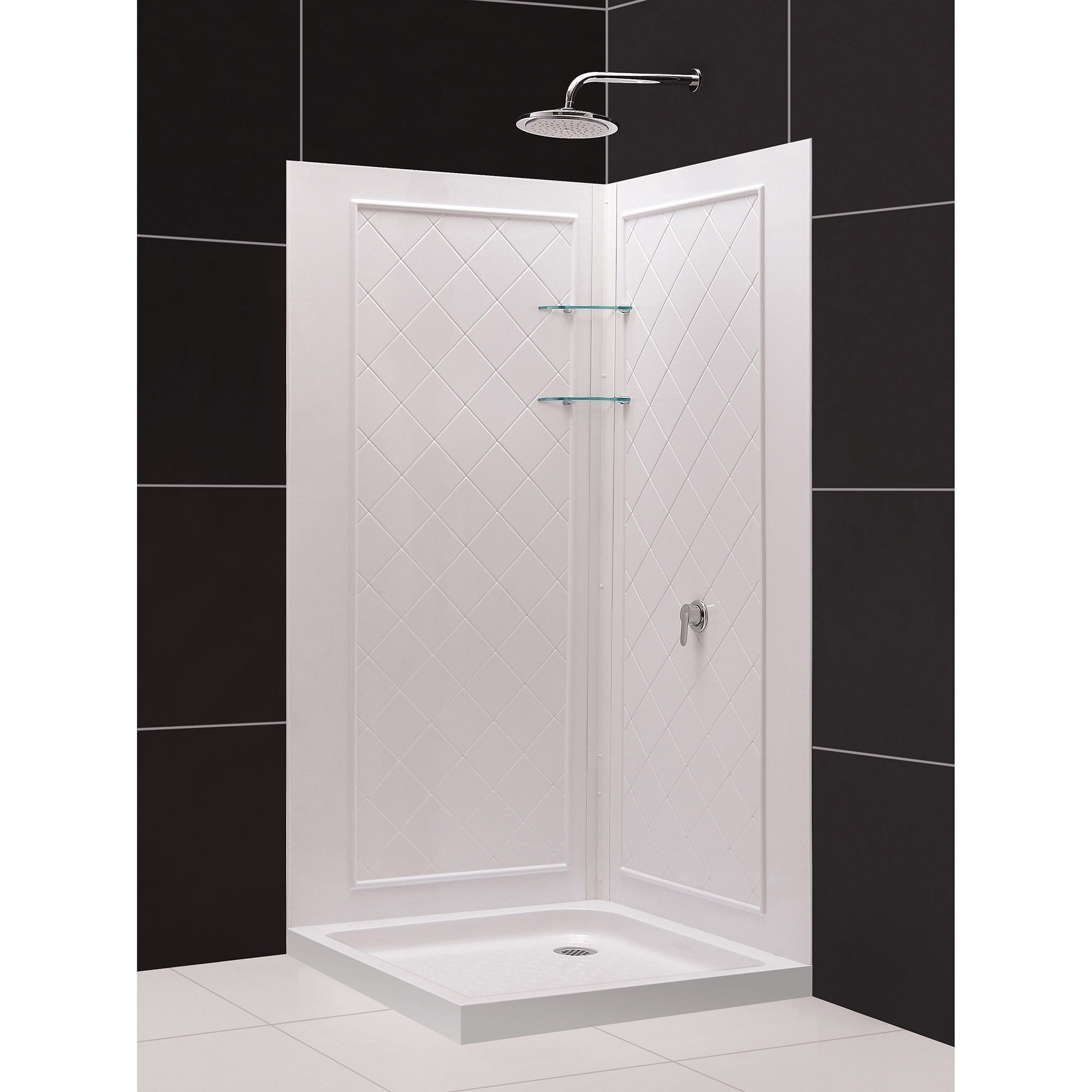 White Acrylic Square Corner Shower Kit with Tile Pattern