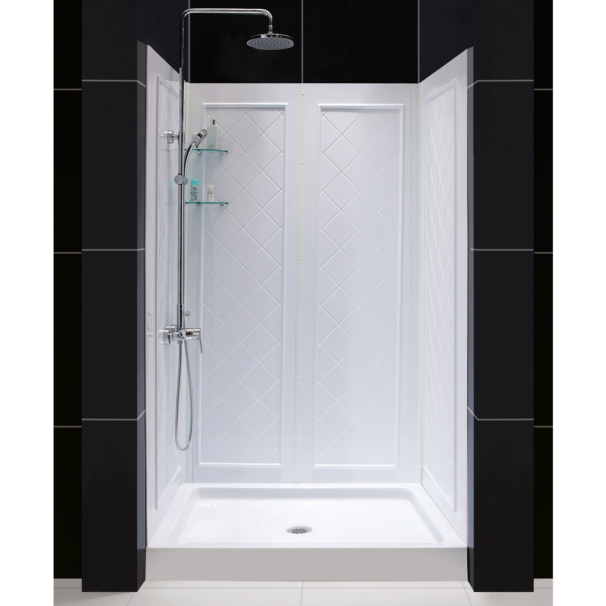 DreamLine 36 in. D x 48 in. W x 76 3/4 in. H Center Drain Acrylic Shower Base and QWALL-5 Backwall Kit In White