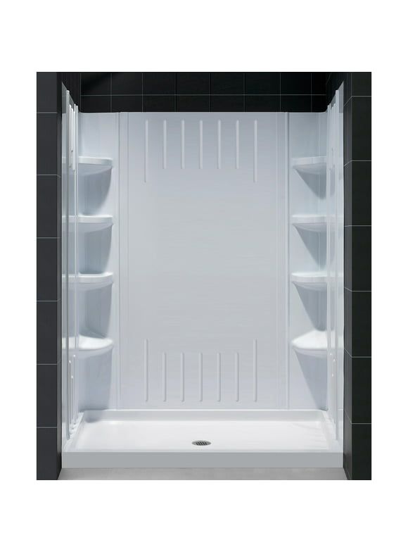 DreamLine 36 in. D x 60 in. W x 75 5/8 in. H Center Drain Acrylic Shower Base and QWALL-3 Backwall Kit In White