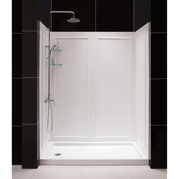 DreamLine 36 in. D x 60 in. W x 76 3/4 in. H Left Drain Acrylic Shower Base and QWALL-5 Backwall Kit In White