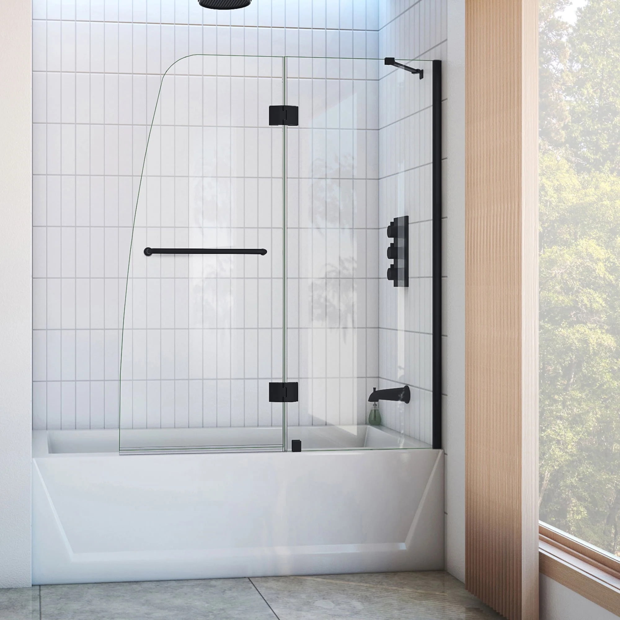 Aqua 48" Matte Black Frameless Hinged Tub Door with Clear Glass