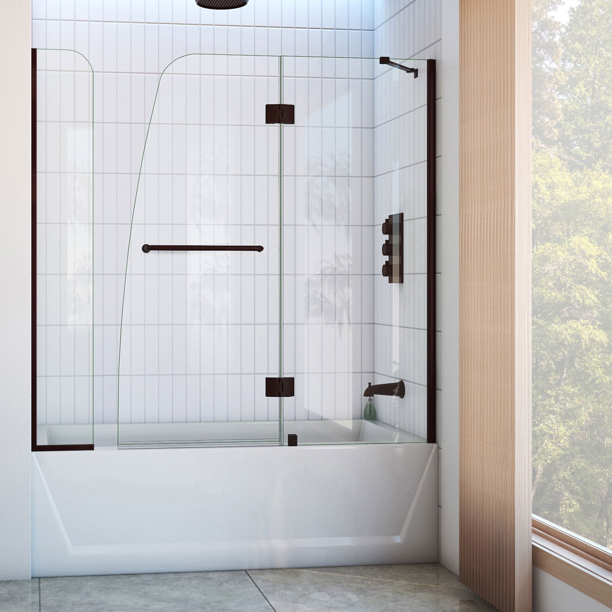 Aqua Frameless Glass Tub Door with Oil Rubbed Bronze Finish