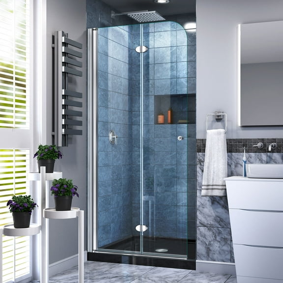 DreamLine Aqua Fold 32 in. D x 32 in. W x 74 3/4 in. H Frameless Bi-Fold Shower Door in Chrome with Black Acrylic Base Kit