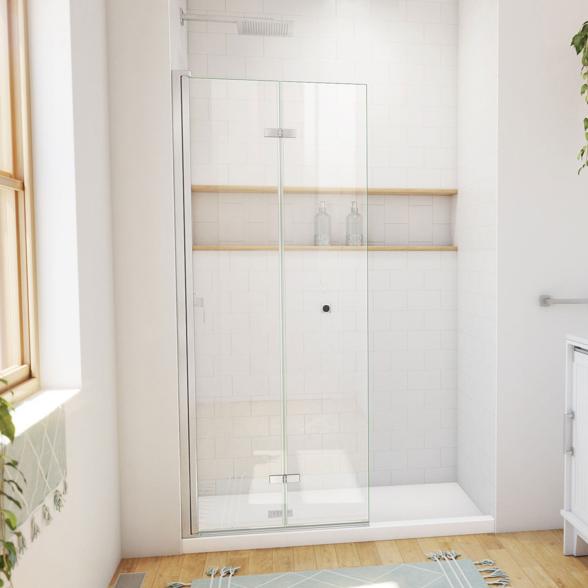 Aqua-Q Fold Frameless Brushed Nickel Bi-Fold Shower Door