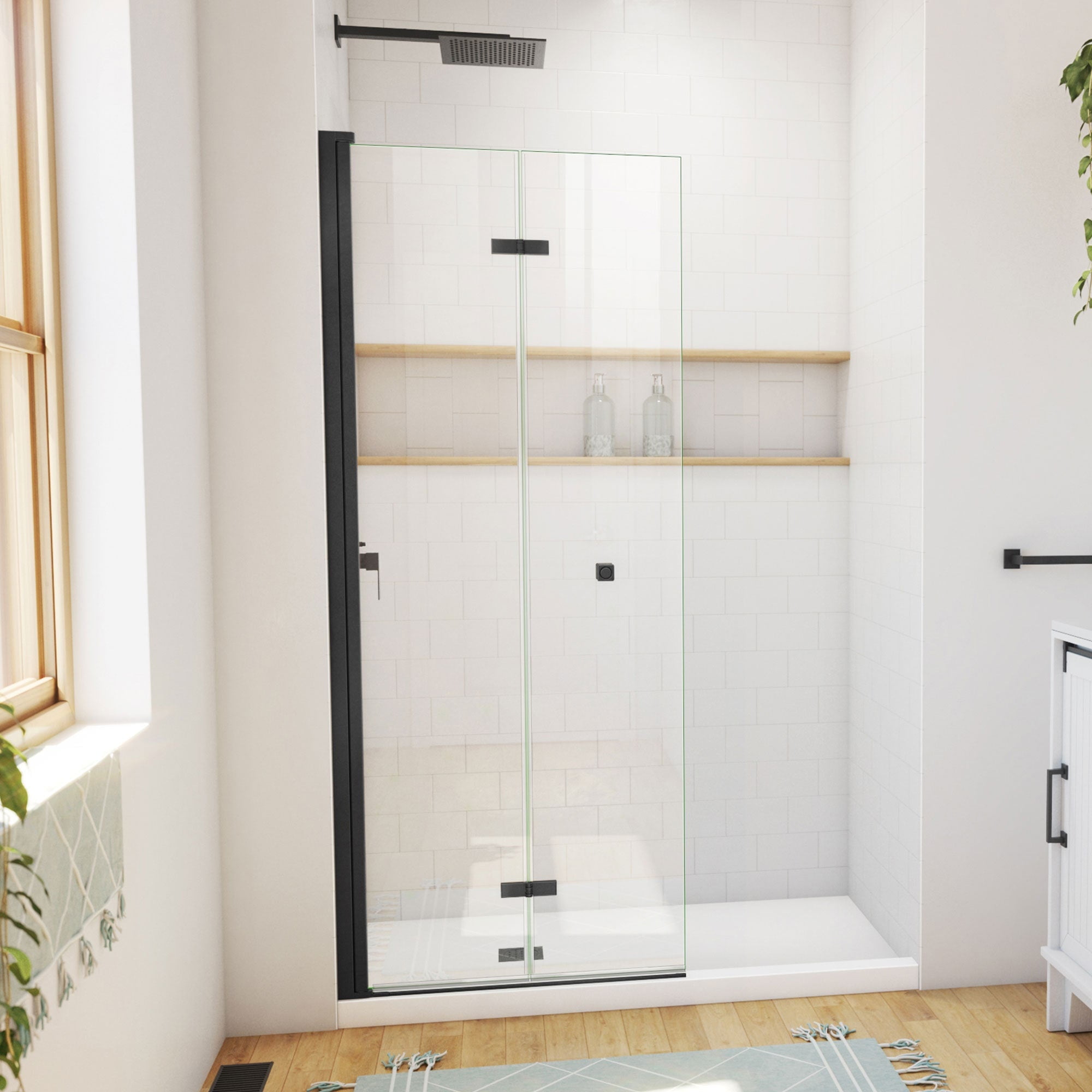 Matte Black Frameless Bi-Fold Shower Door with Clear Glass