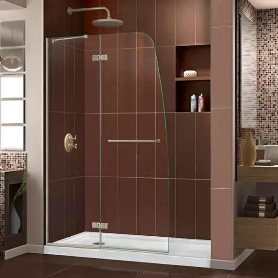 DreamLine Aqua Ultra 34 in. D x 60 in. W x 74 3/4 in. H Frameless Shower Door in Brushed Nickel and Left Drain White Base Kit