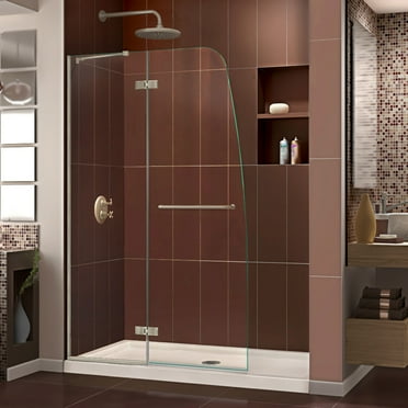 DreamLine Aqua Ultra 36 in. D x 60 in. W x 74 3/4 in. H Frameless Shower Door in Brushed Nickel and Center Drain Biscuit Base Kit