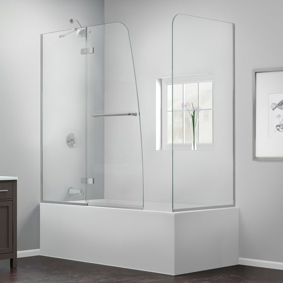 DreamLine Aqua Ultra 57-60 in. W x 30 in. D x 58 in. H Frameless Hinged Tub Door with Return Panel in Brushed Nickel