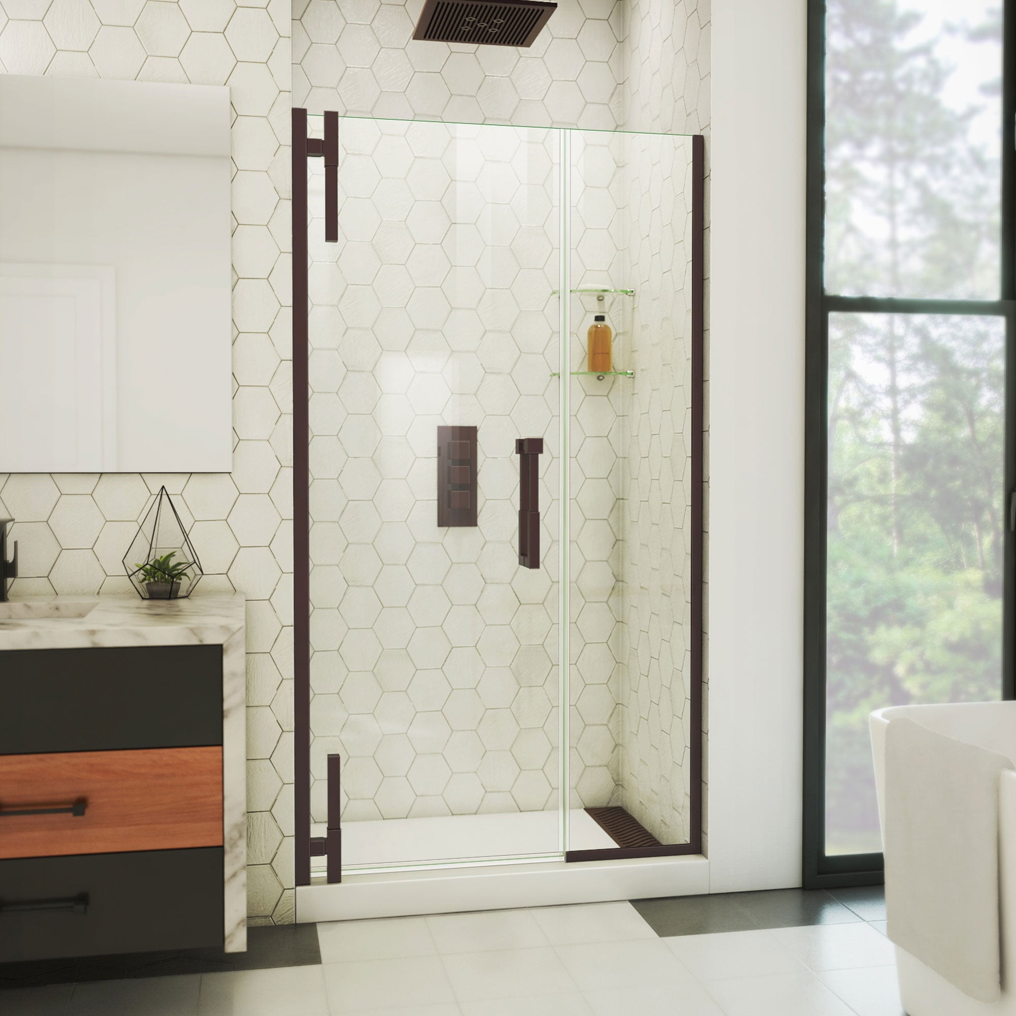 Oil Rubbed Bronze Frameless Pivot Shower Door with Clear Glass