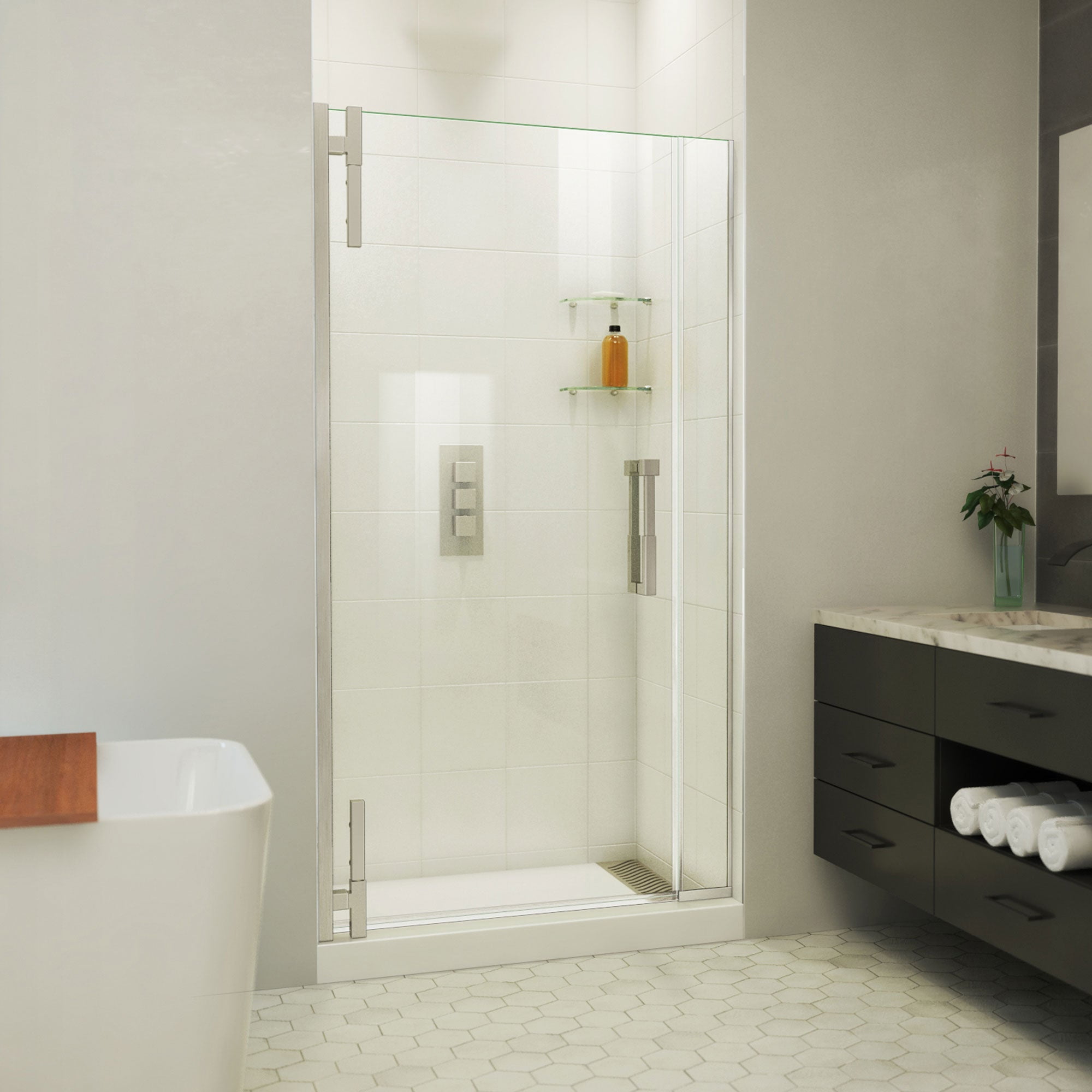 Ascend 40-41 in. Frameless Clear Glass Pivot Shower Door in Black