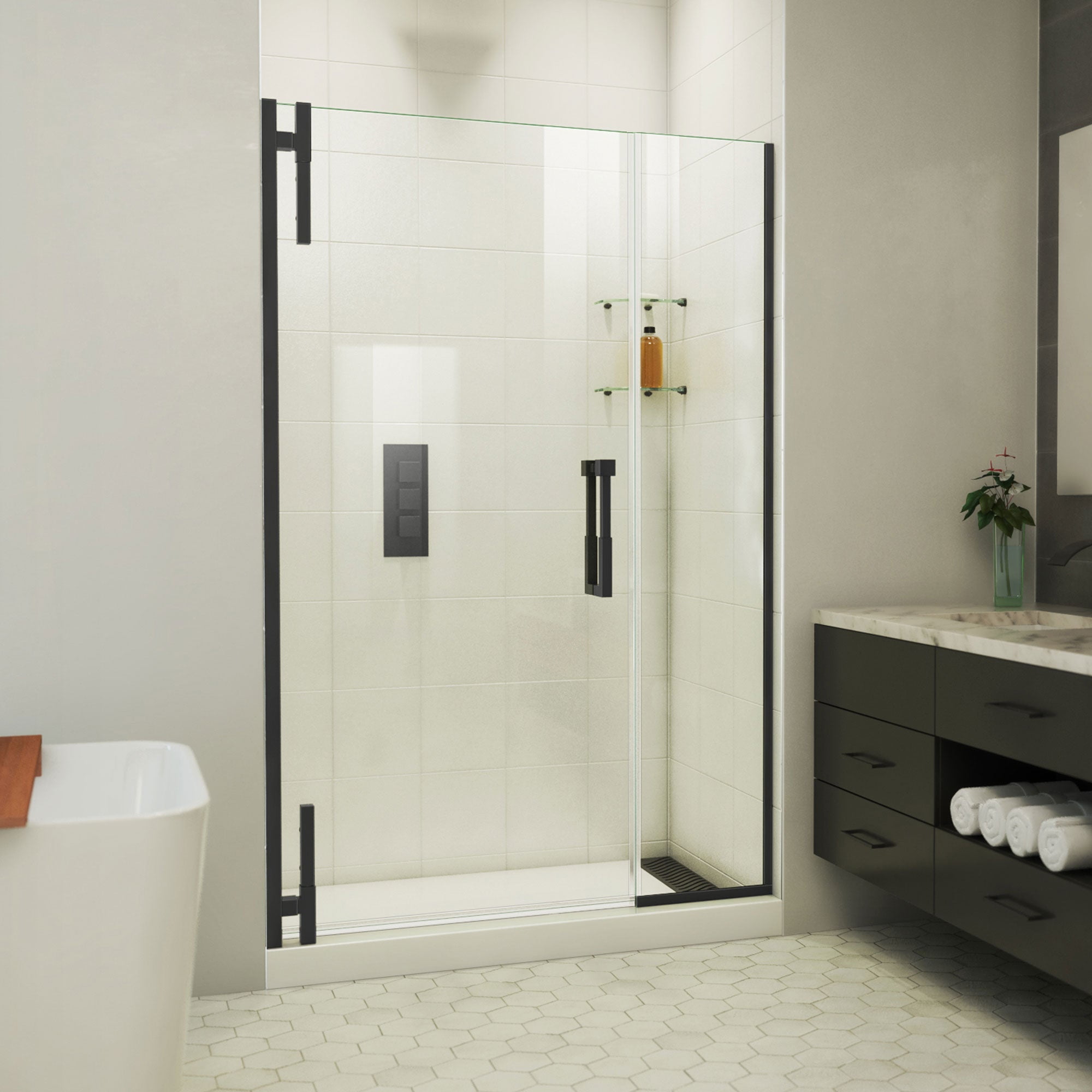 Matte Black Frameless Pivot Shower Door with Clear Glass