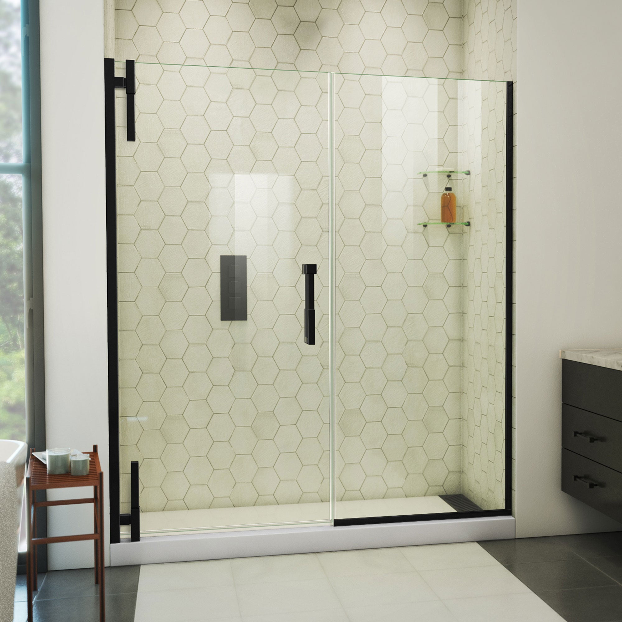 Ascend 65" Matte Black Frameless Pivot Shower Door with Clear Glass
