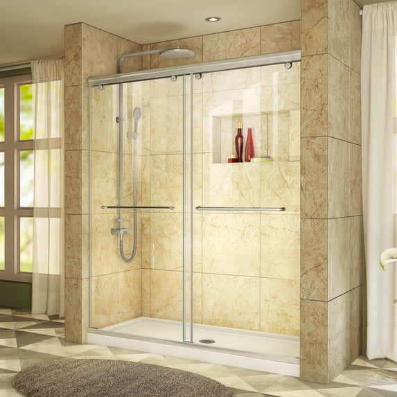 DreamLine Charisma 30 in. D x 60 in. W x 78 3/4 in. H Frameless Bypass Shower Door in Brushed Nickel with Center Drain White Base