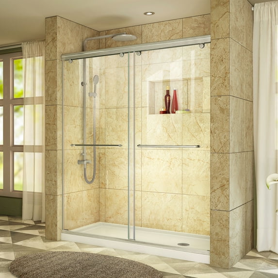 DreamLine Charisma 30 in. D x 60 in. W x 78 3/4 in. H Frameless Bypass Shower Door in Brushed Nickel with Right Drain White Base
