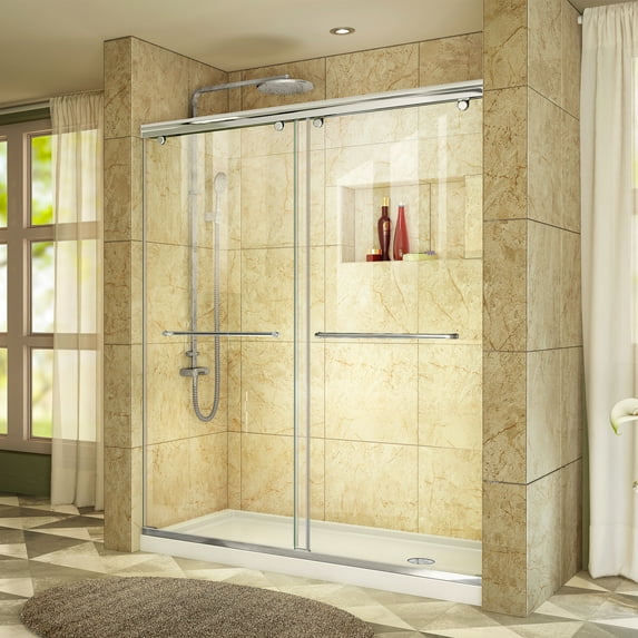 DreamLine Charisma 30 in. D x 60 in. W x 78 3/4 in. H Frameless Bypass Shower Door in Chrome with Right Drain White Base