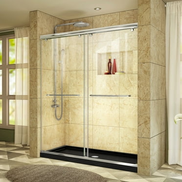 DreamLine Charisma 32 in. D x 60 in. W x 78 3/4 in. H Frameless Bypass Shower Door in Chrome with Center Drain Black Base