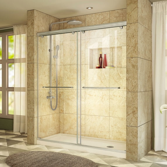 DreamLine Charisma 34 in. D x 60 in. W x 78 3/4 in. H Frameless Bypass Shower Door in Brushed Nickel with Right Drain Biscuit Base