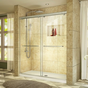 DreamLine Charisma 36 in. D x 60 in. W x 78 3/4 in. H Frameless Bypass Shower Door in Brushed Nickel with Center Drain White Base