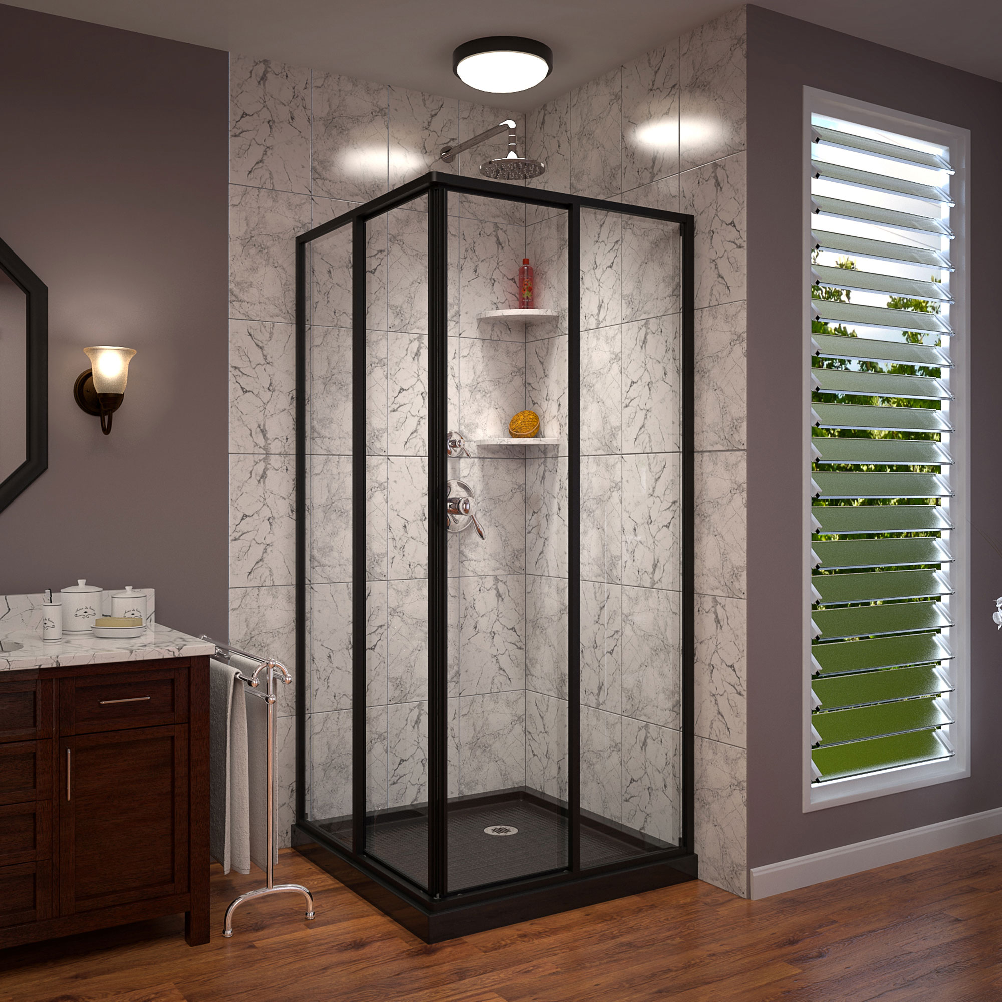 Step In Shower Kit DreamLine 36in D/W x 74 3/4in H Corner Complete Walk-In Glass Shower ...