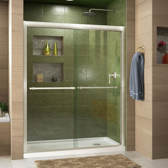 DreamLine Duet 30 in. D x 60 in. W x 74 3/4 in. H Semi-Frameless Bypass Shower Door in Brushed Nickel and Right Drain White Base