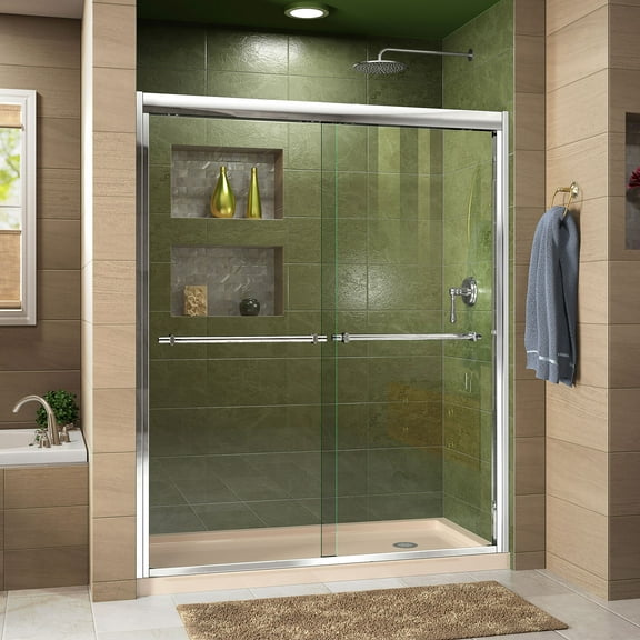 DreamLine Duet 30 in. D x 60 in. W x 74 3/4 in. H Semi-Frameless Bypass Shower Door in Chrome and Right Drain Biscuit Base