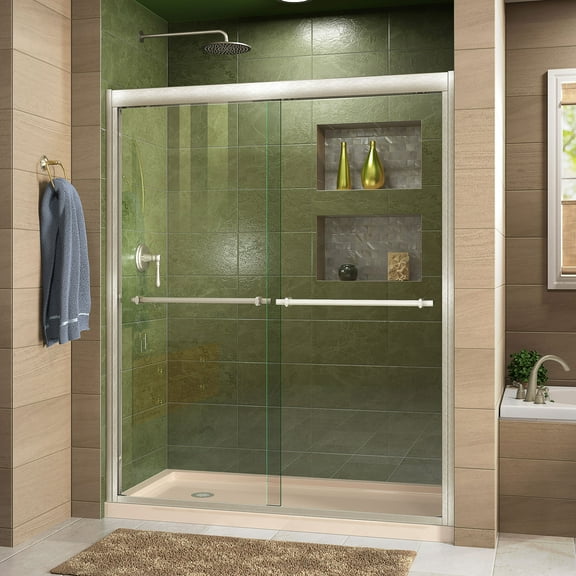DreamLine Duet 32 in. D x 60 in. W x 74 3/4 in. H Semi-Frameless Bypass Shower Door in Brushed Nickel and Left Drain Biscuit Base