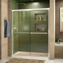 DreamLine Duet 32 in. D x 60 in. W x 74 3/4 in. H Semi-Frameless Bypass Shower Door in Brushed Nickel and Right Drain Biscuit Base