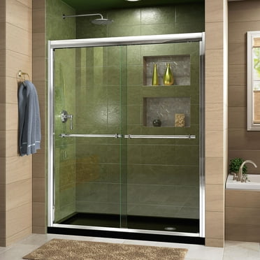 DreamLine Duet 34 in. D x 60 in. W x 74 3/4 in. H Semi-Frameless Bypass Shower Door in Chrome and Right Drain Black Base