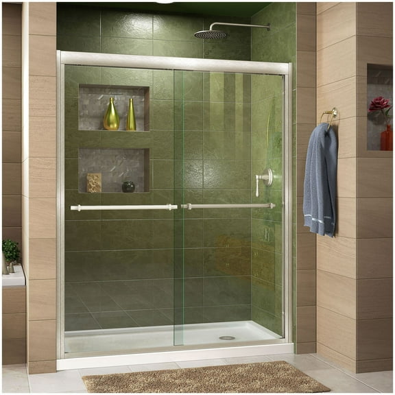 DreamLine Duet 36 in. D x 60 in. W x 74 3/4 in. H Semi-Frameless Bypass Shower Door in Brushed Nickel and Right Drain White Base