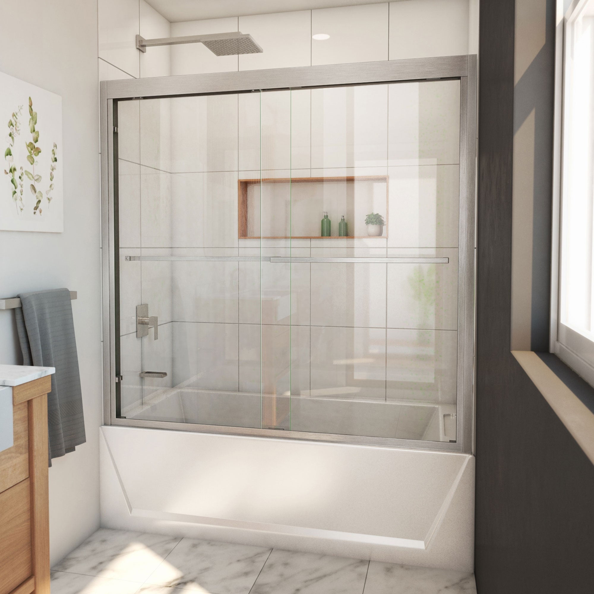 Brushed Nickel Semi-Frameless Sliding Tub Door with Clear Glass