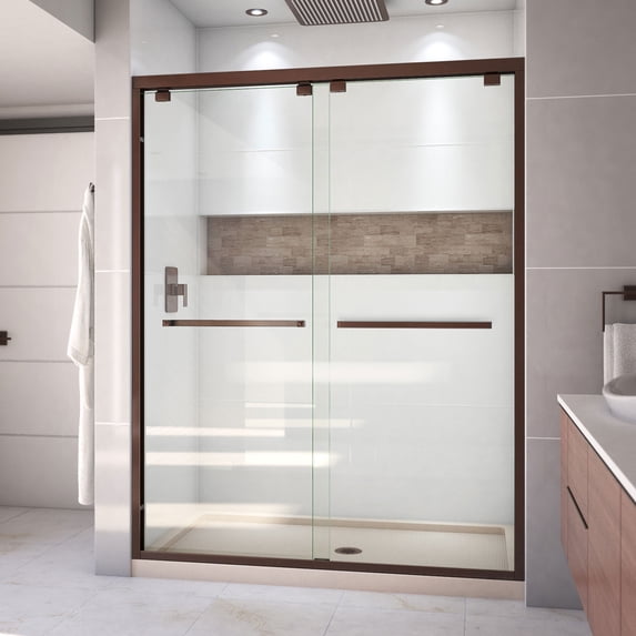 DreamLine Encore 30 in. D x 60 in. W x 78 3/4 in. H Bypass Shower Door in Oil Rubbed Bronze and Center Drain Biscuit Base Kit