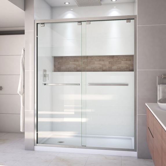 DreamLine Encore 32 in. D x 60 in. W x 78 3/4 in. H Bypass Shower Door in Brushed Nickel and Left Drain White Base Kit