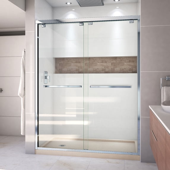 DreamLine Encore 32 in. D x 60 in. W x 78 3/4 in. H Bypass Shower Door in Chrome and Left Drain Biscuit Base Kit