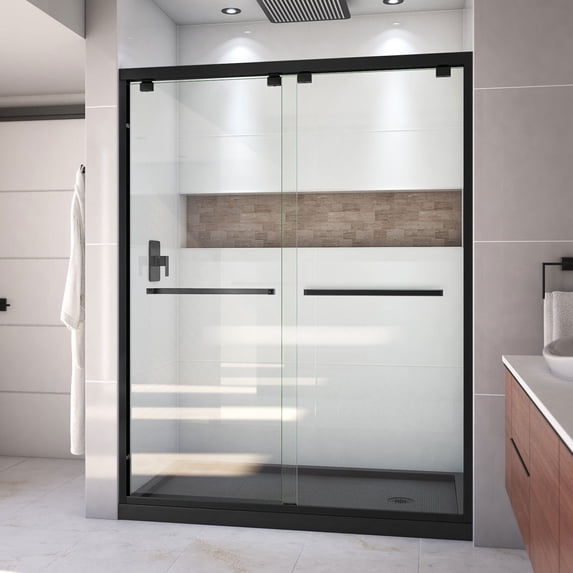 DreamLine Encore 32 in. D x 60 in. W x 78 3/4 in. H Bypass Shower Door in Satin Black and Right Drain Black Base Kit