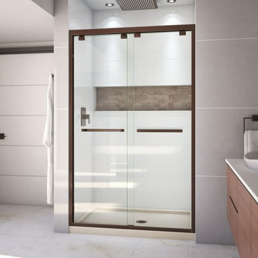 DreamLine Encore 34 in. D x 48 in. W x 78 3/4 in. H Bypass Shower Door in Oil Rubbed Bronze and Center Drain Biscuit Base Kit