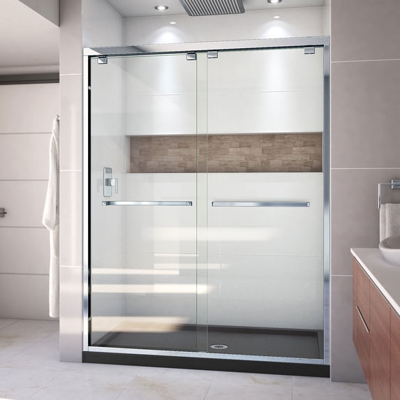 DreamLine Encore 34 in. D x 60 in. W x 78 3/4 in. H Bypass Shower Door in Chrome and Center Drain Black Base Kit
