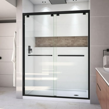 DreamLine Encore 34 in. D x 60 in. W x 78 3/4 in. H Bypass Shower Door in Satin Black and Right Drain White Base Kit