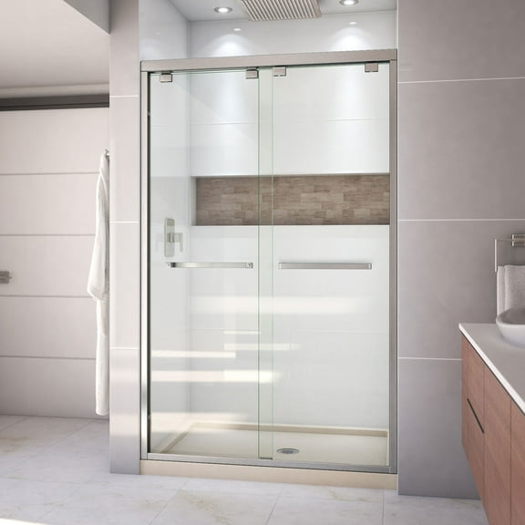 DreamLine Encore 36 in. D x 48 in. W x 78 3/4 in. H Bypass Shower Door in Brushed Nickel with Center Drain Biscuit Base Kit