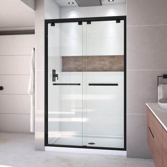 DreamLine Encore 36 in. D x 48 in. W x 78 3/4 in. H Bypass Shower Door in Satin Black with Center Drain White Base Kit