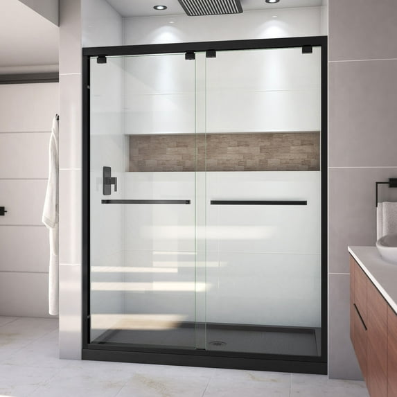 DreamLine Encore 36 in. D x 60 in. W x 78 3/4 in. H Bypass Shower Door in Satin Black and Center Drain Black Base Kit