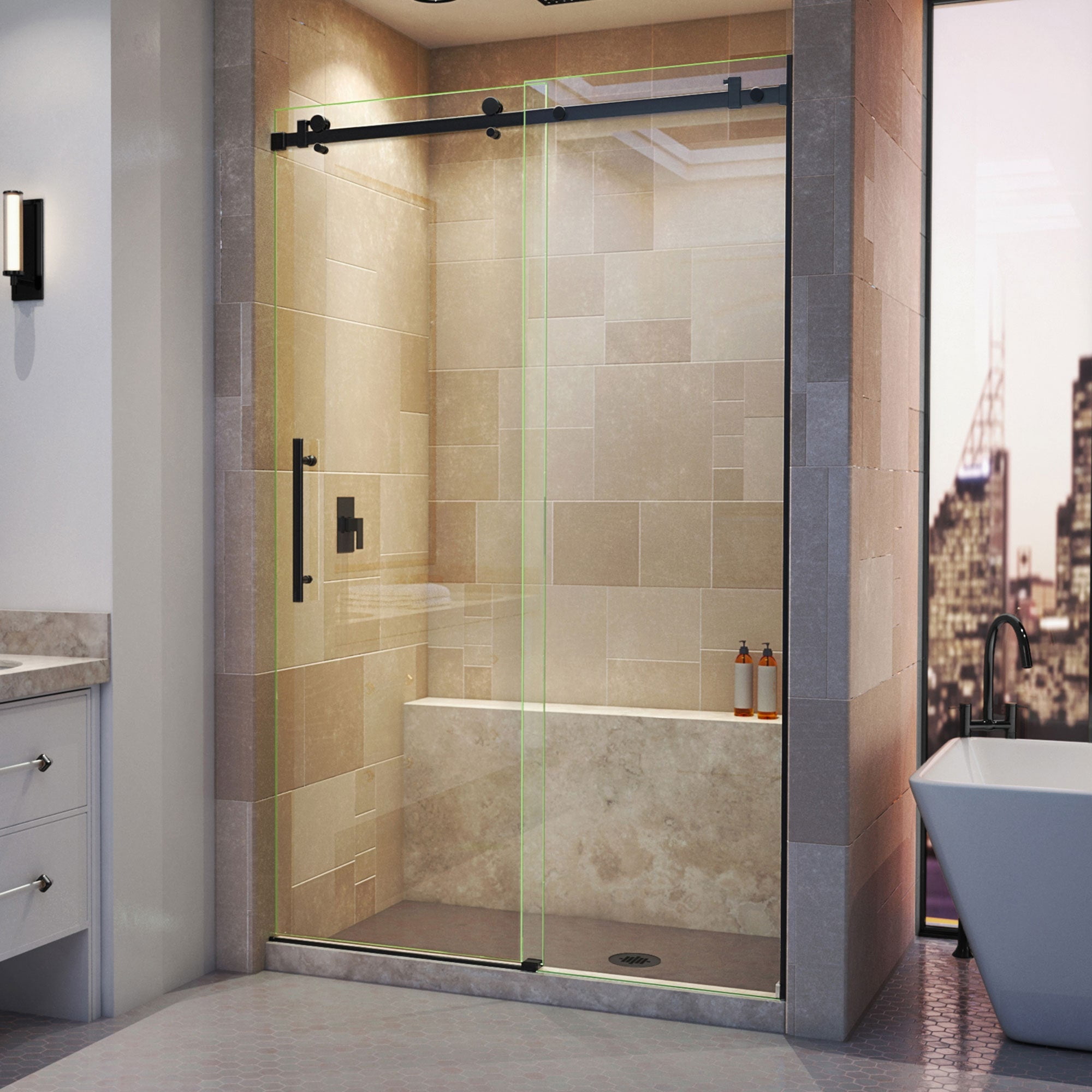 Matte Black Frameless Sliding Shower Door with Clear Glass
