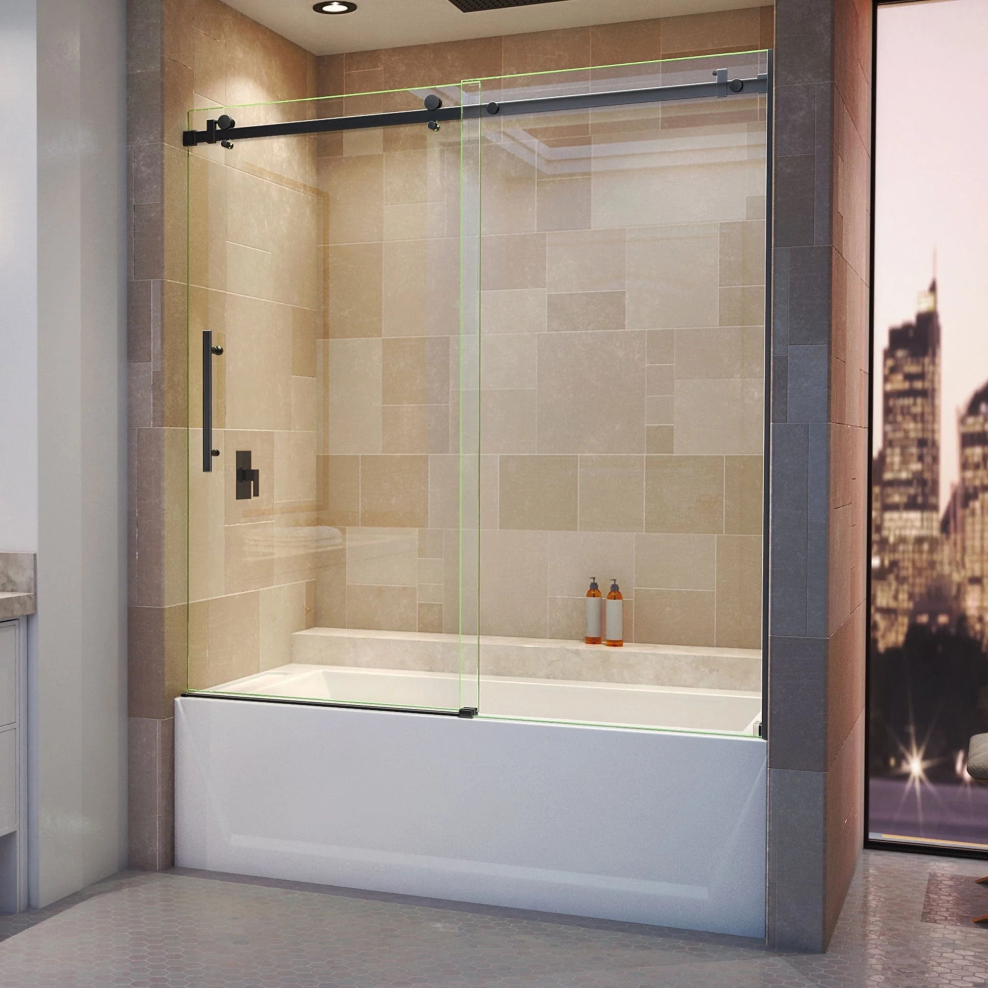 Matte Black Frameless Sliding Tub Door with Clear Glass