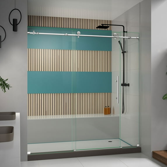 DreamLine Enigma-X 68-72 in. W x 76 in. H Fully Frameless Sliding Shower Door in Brushed Stainless Steel