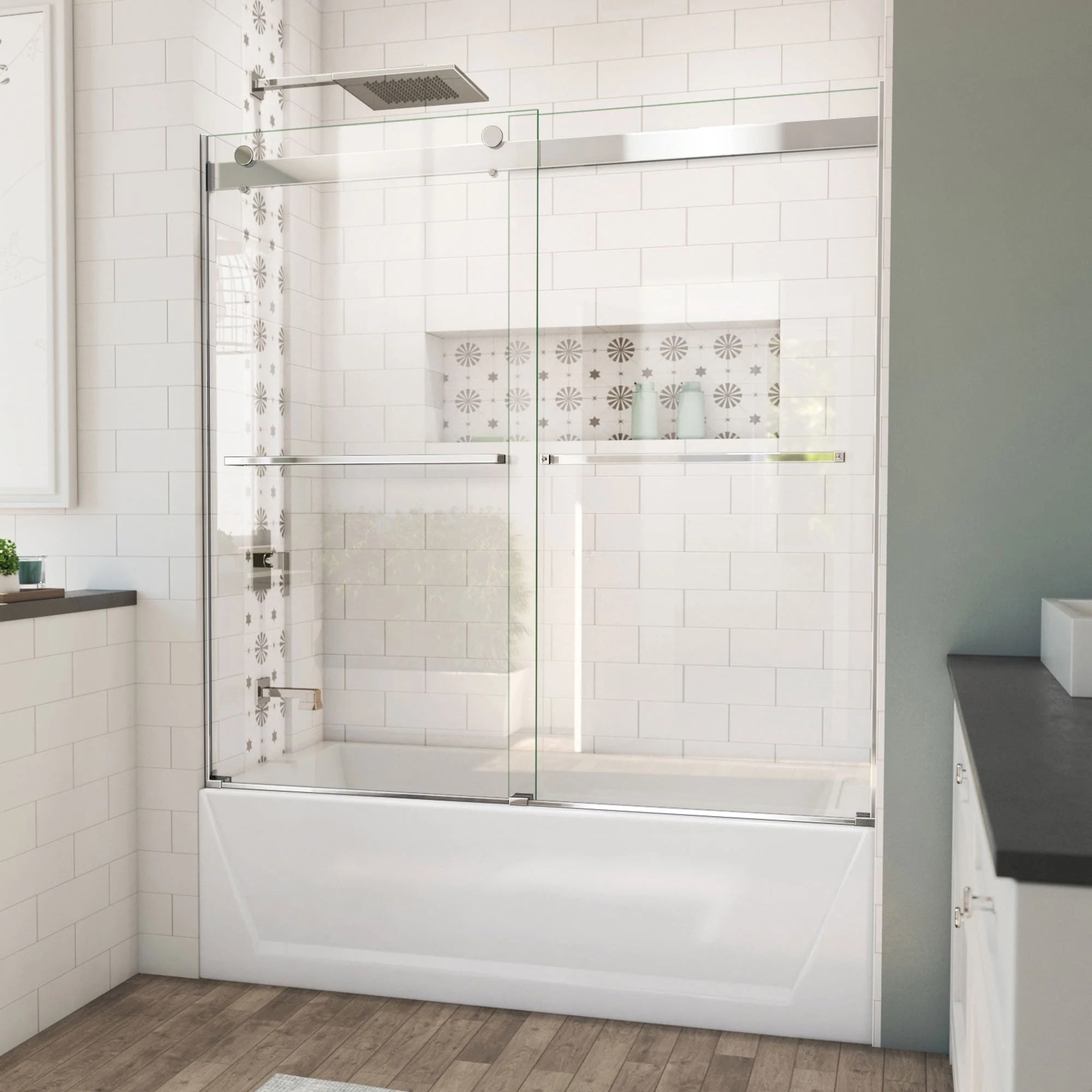 Essence 60" Frameless Chrome Sliding Tub Door with ClearMax