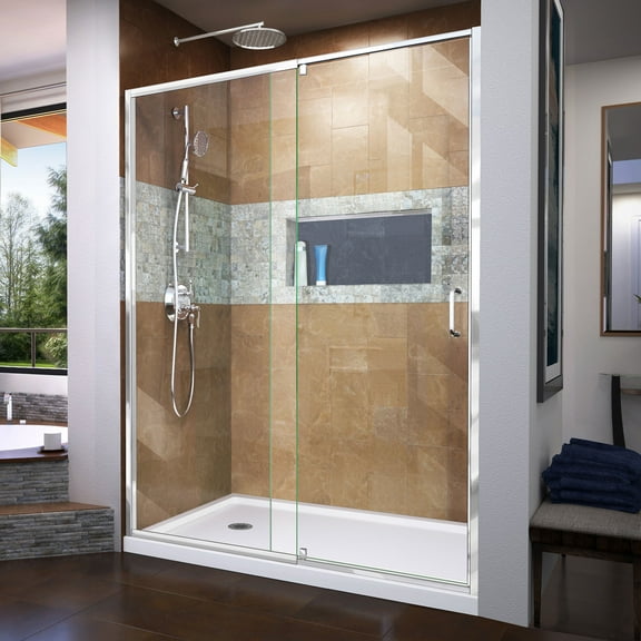 DreamLine Flex 30 in. D x 60 in. W x 74 3/4 in. H Semi-Frameless Pivot Shower Door in Chrome with Left Drain White Base Kit
