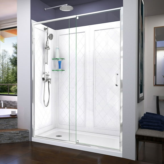DreamLine Flex 30 in. D x 60 in. W x 76 3/4 in. H Semi-Frameless Shower Door in Chrome with Left Drain White Base and Backwalls