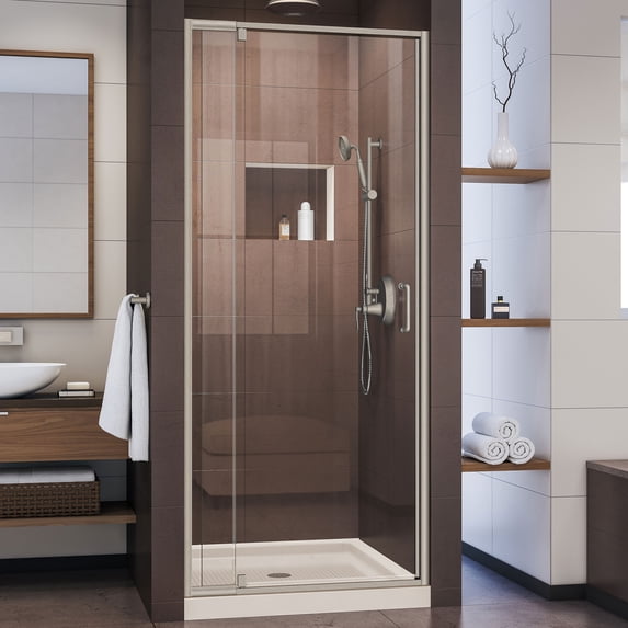 DreamLine Flex 32 in. D x 32 in. W x 74 3/4 in. H Semi-Frameless Pivot Shower Door in Brushed Nickel and Center Drain Biscuit Base